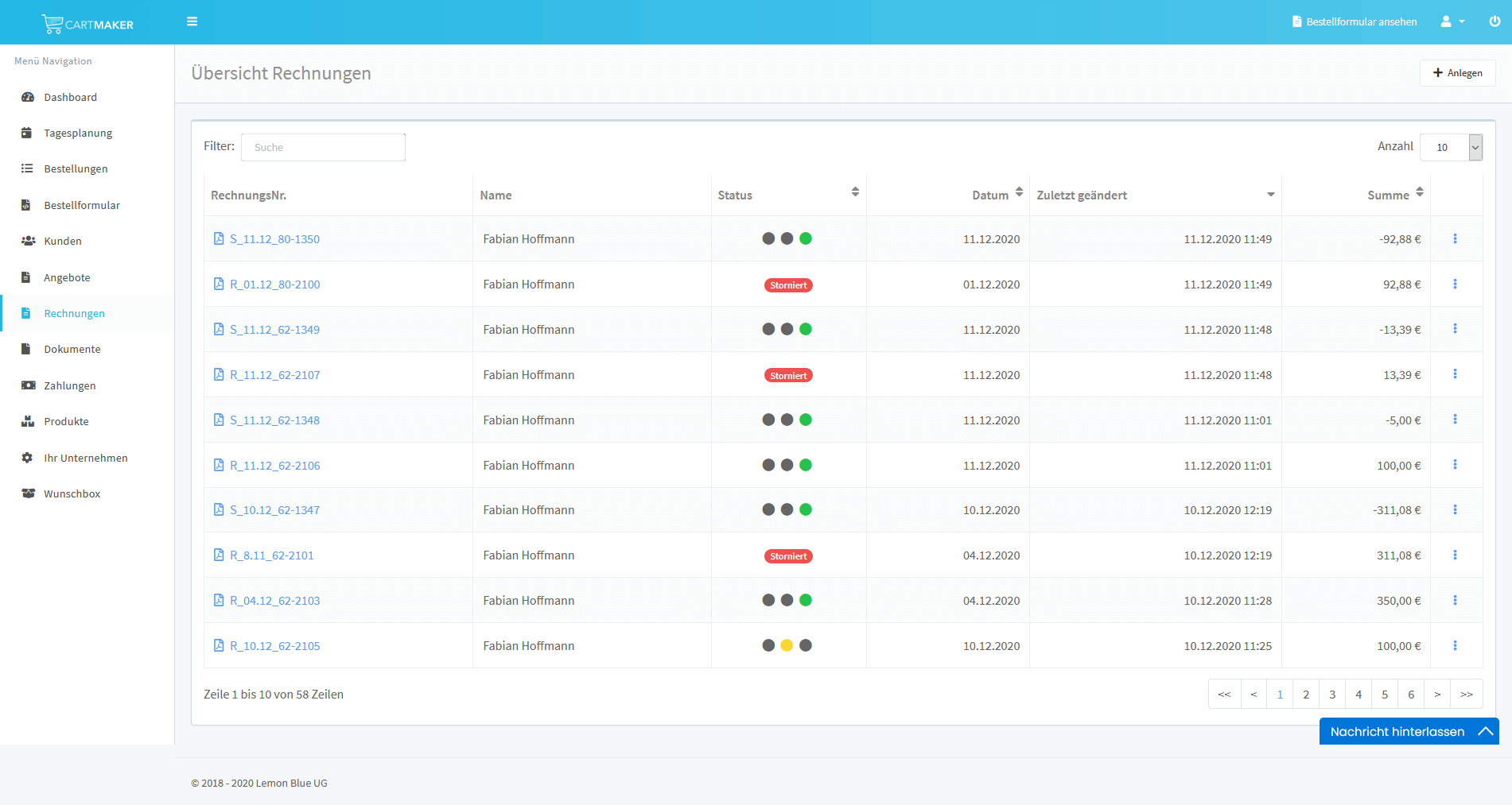 Screenshot Übersicht Rechnungen